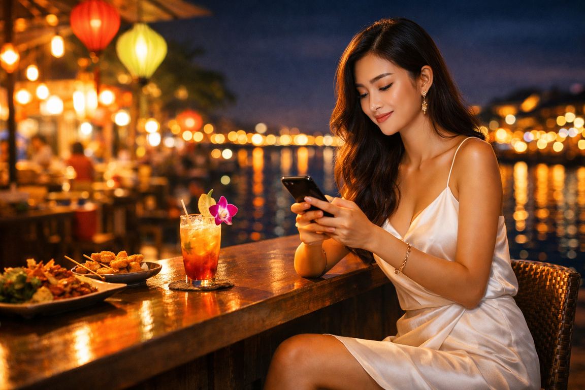 Người dùng trải nghiệm casino trực tuyến trên điện thoại tại chợ đêm Mekong